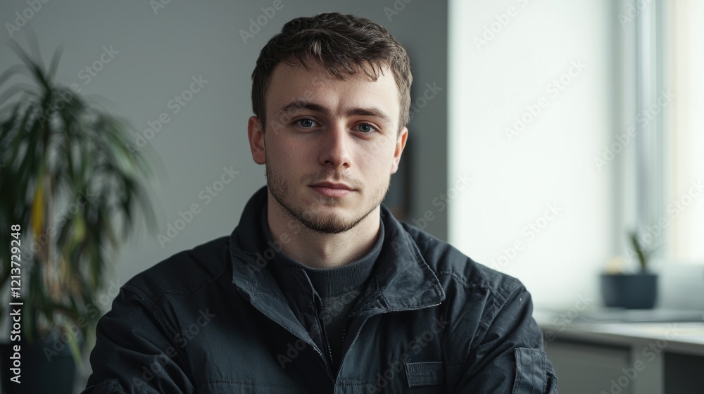 Aufkleber a man with a beard and a black jacket is sitting in front of a window. generative ai