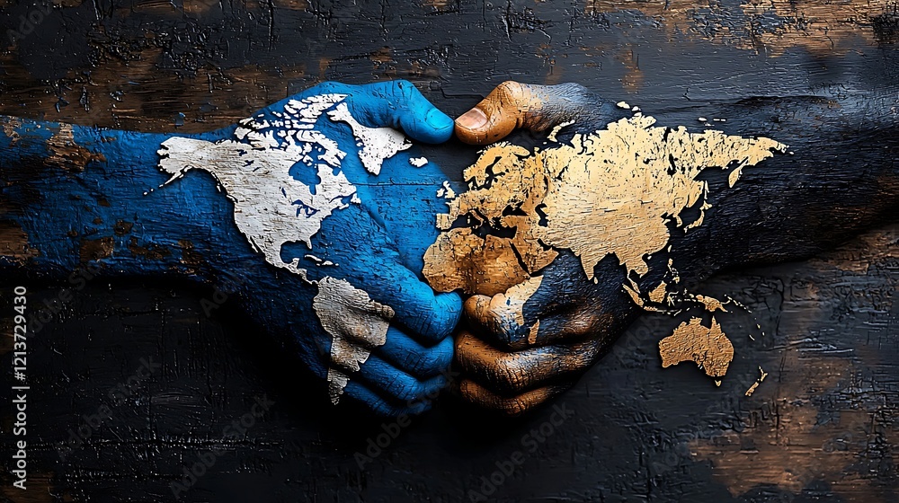 Poster zero discrimination day, double exposure of intertwined hands with world map design representing uni