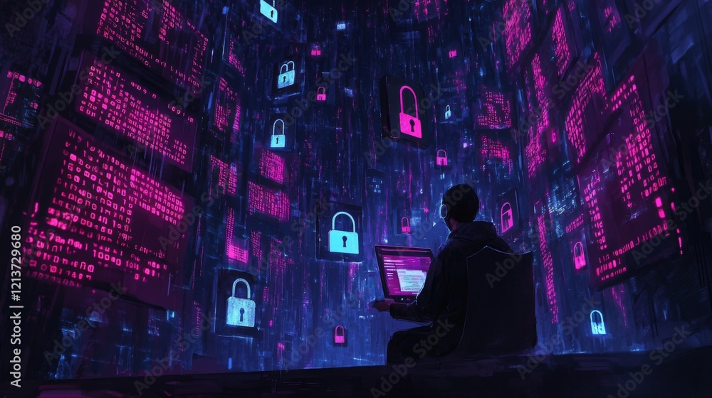Poster A person sits before a laptop computer in a dark virtual space filled with glowing screens displaying code and digital locks.