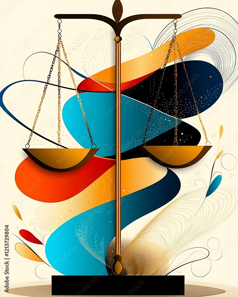 Poster zero discrimination day, iconic drawing of a balanced scale with colorful swirls and elegant design 