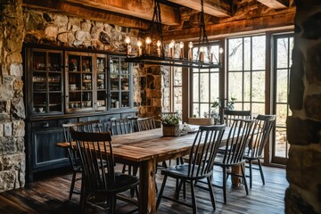 A rustic dining room featuring reclaimed wood furniture, stone accents, and earthy tones. Incorporate a large farmhouse table, vintage lighting fixture