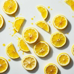 "Fresh lemon slices with vibrant yellow splashes of juice, dynamic composition, isolated on a clean white background, perfect for refreshing beverage or citrus-themed designs."