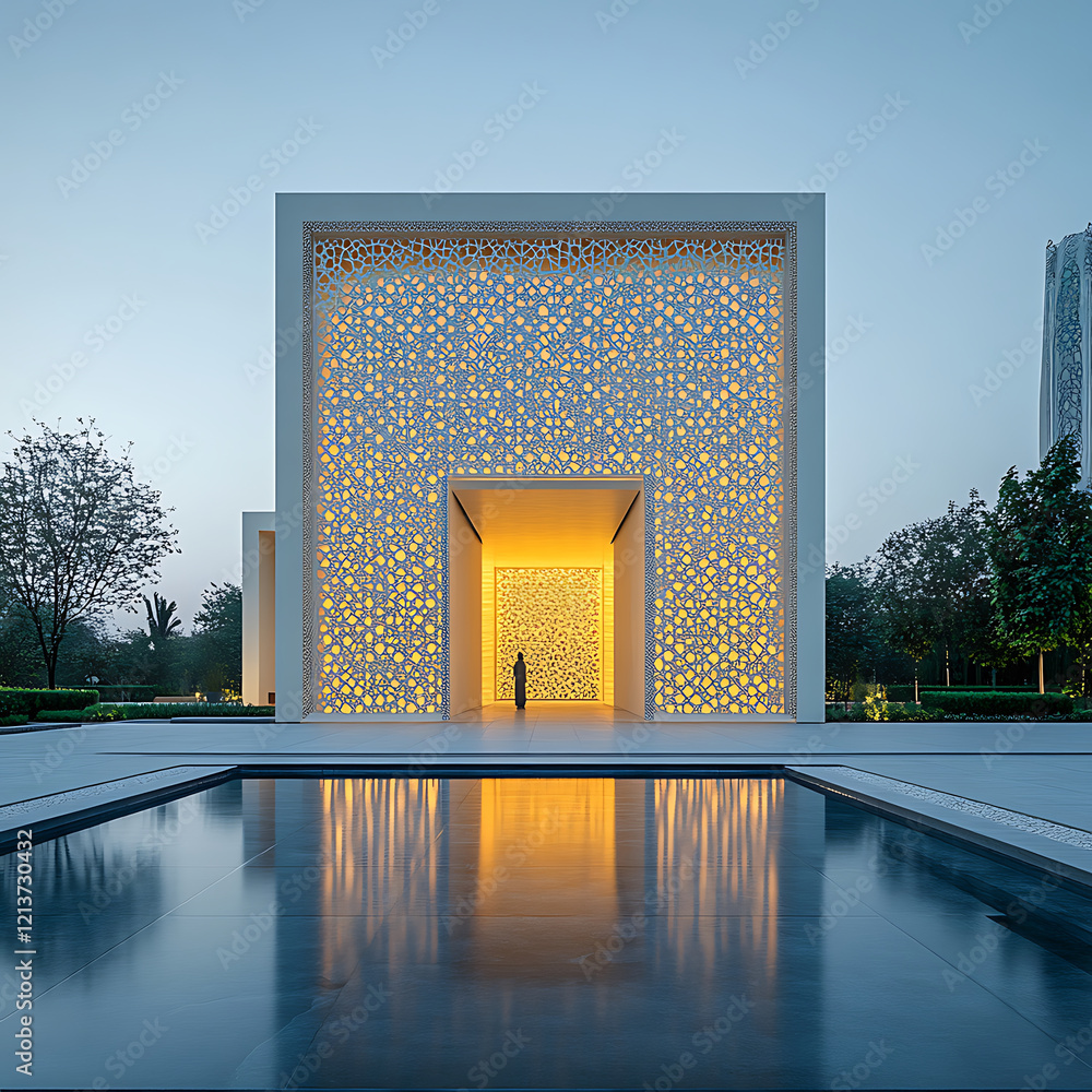 Poster modern minimalistic pavilion with intricate patterns, illuminated at dusk, surrounded by greenery an