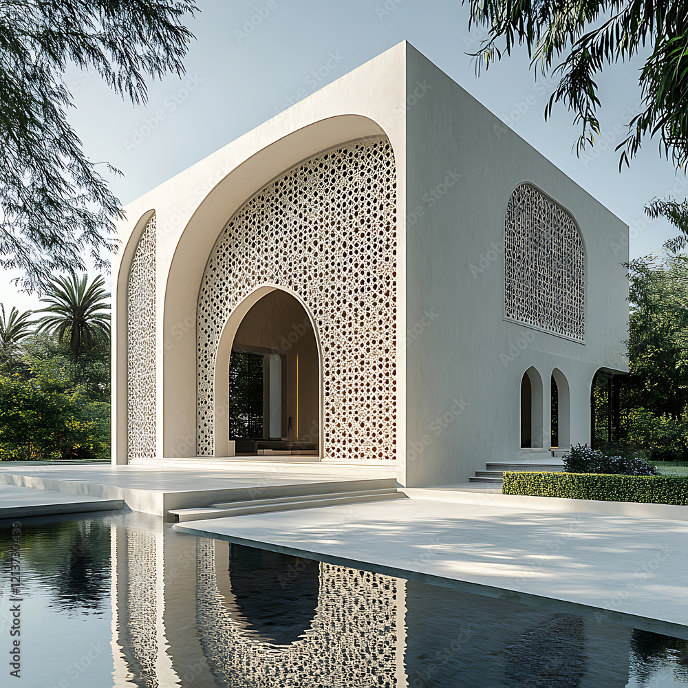 Poster modern minimalistic pavilion featuring arabic inspired architecture, surrounded by lush greenery and