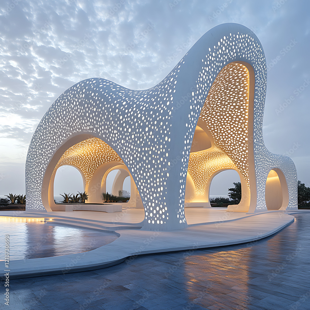 Poster modern minimalistic pavilion featuring unique architectural design, illuminated by soft lighting, su
