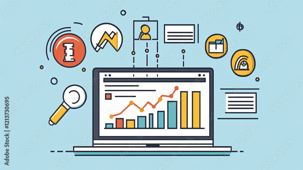 Poster a banner for a digital marketing agency with futuristic icons like graphs bar charts and glowing dat