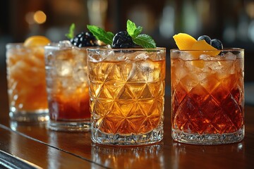 Iced tea cocktails with fruit on bar, blurred background