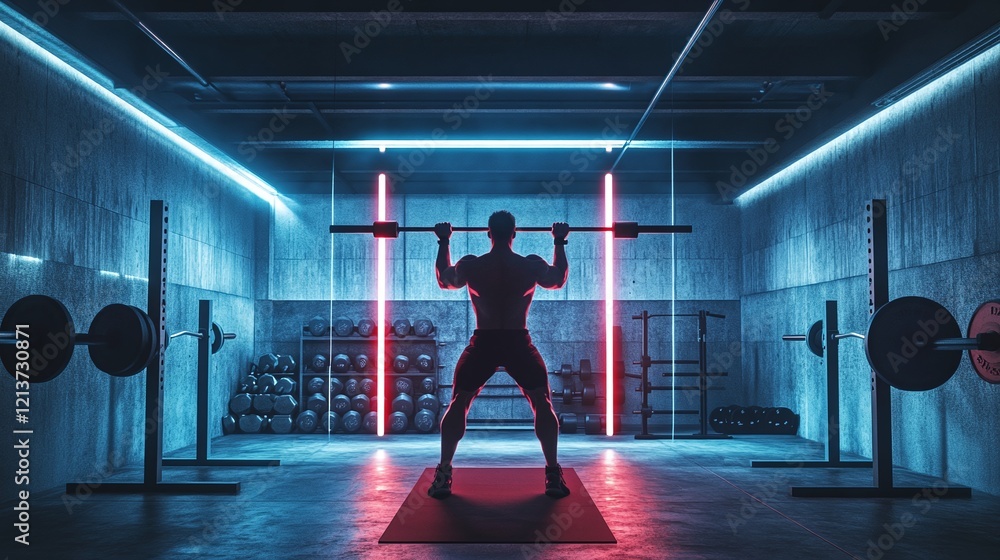 Poster a banner for a fitness app with a minimalist design featuring a person lifting weights in a brightly