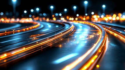 Futuristic highway with glowing lines at night urban city digital art illuminated environment dynamic perspective