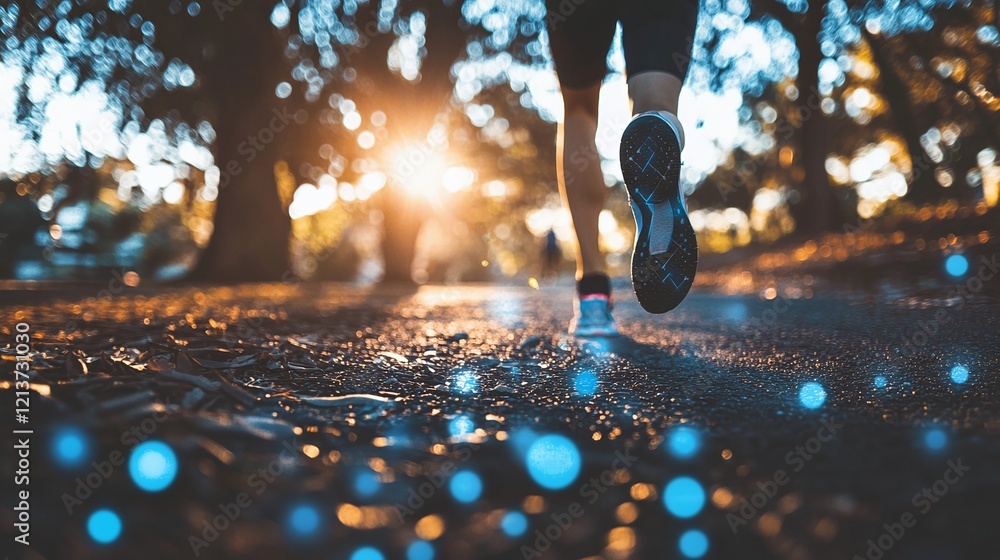 Poster a banner for a fitness tracker app with glowing statistics displayed over a jogger running through a