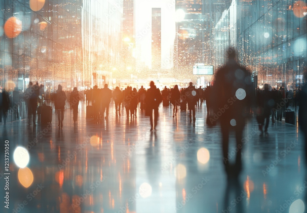 Poster crowded urban setting with blurred figures walking through a reflective space filled with warm light