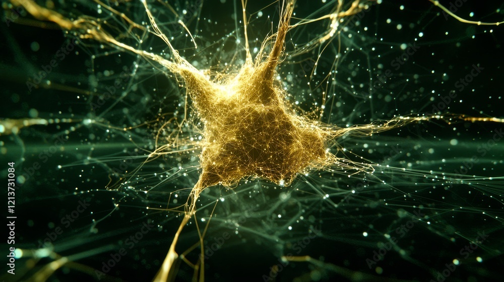 Aufkleber exploring neural connectivity golden neuron network brain cell visualization science lab 3d animatio
