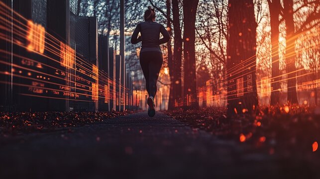 A banner for a fitness tracker app with glowing statistics displayed over a jogger running through an urban trail.