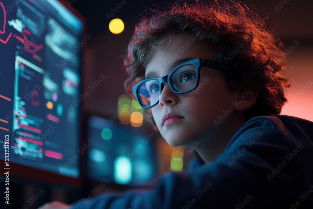 Poster young boy focused on coding tasks in a dimly lit tech workspace filled with colorful screens