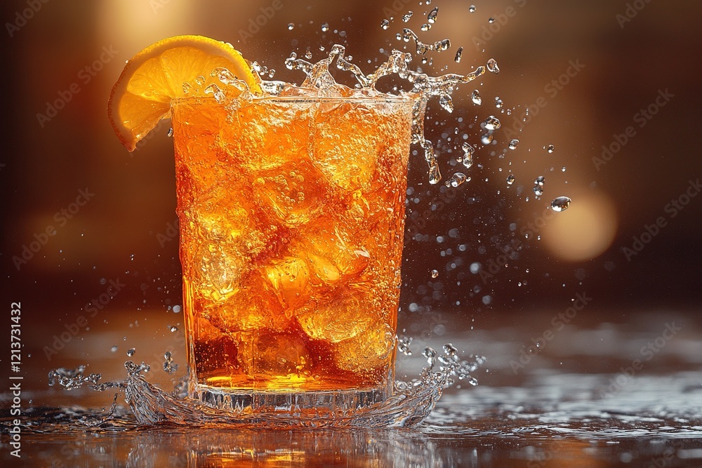 Poster iced tea splashing with orange slice on bar, bokeh background