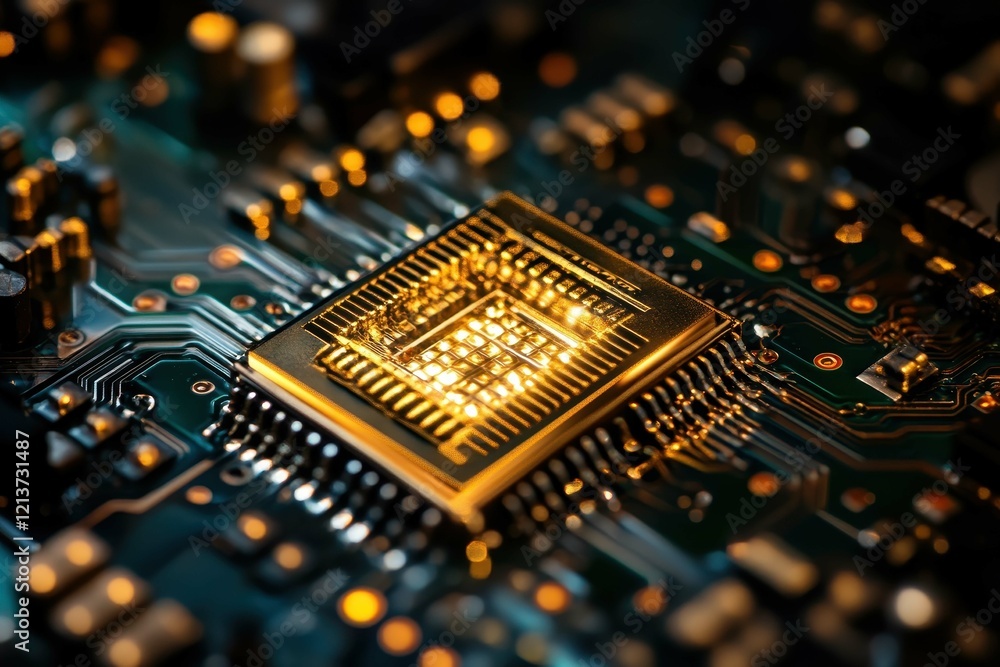 Poster close-up view of a gold microchip on a circuit board showcasing intricate designs and technology com