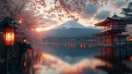 Obraz premium Sunrise Fuji, Cherry Blossoms, Lake, Temple, Calm