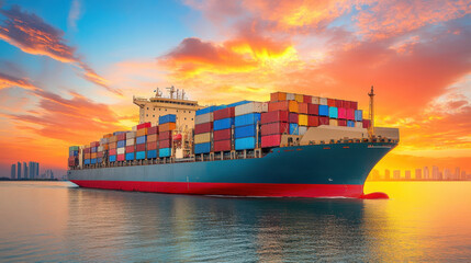 Container ship in Miami port during sunset, showcasing vibrant colors and reflections on water. scene captures beauty of maritime transport and urban skyline