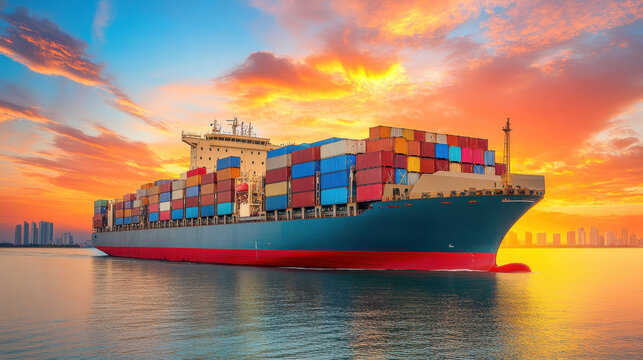 Container ship in Miami port during sunset, showcasing vibrant colors and reflections on water. scene captures beauty of maritime transport and urban skyline