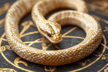 Fototapeta premium Close view of a golden snake coiled on a mystical background with symbols and intricate designs