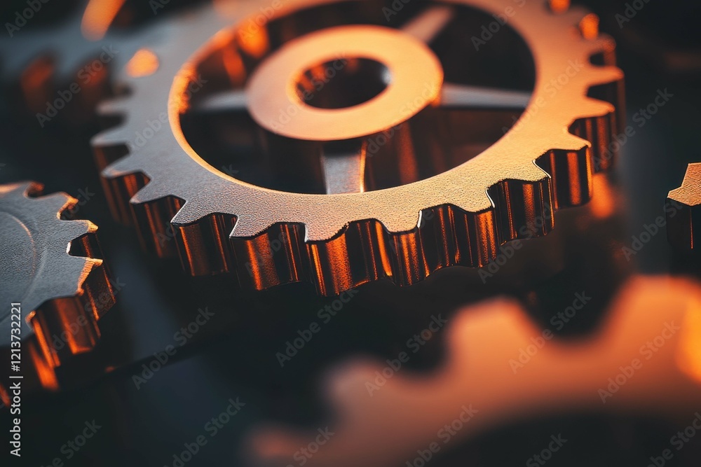 Poster close-up view of metallic gears reflecting warm light in intricate mechanical design setting