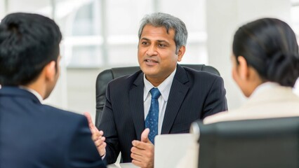 Indian HR Manager Meeting Team - A confident HR manager discussing business strategies with a diverse team in a modern office.
