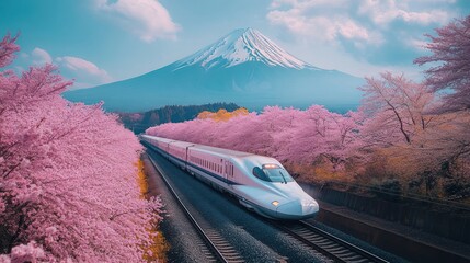 Bullet train, Fuji backdrop, cherry blossoms, spring travel