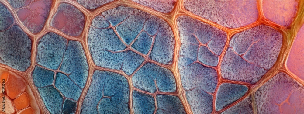 Poster abstract cellular structure microscopic view of intricate network vivid hues of blue red and orange