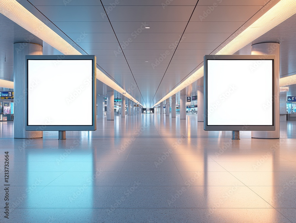 Poster empty airport terminal space with blank billboards ready for advertising and minimalist architecture