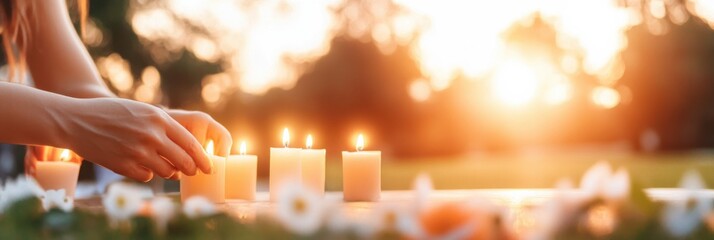Participants gather in serene park at sunset to light candles, honoring lost loved ones during a heartfelt memorial service