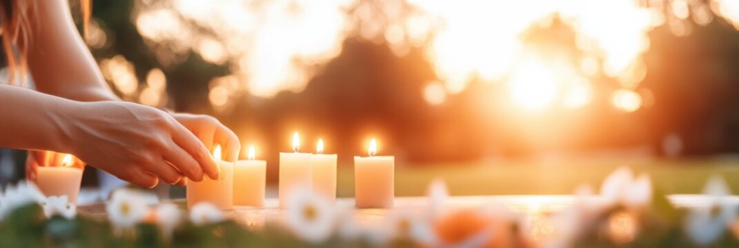 Participants gather in serene park at sunset to light candles, honoring lost loved ones during a heartfelt memorial service
