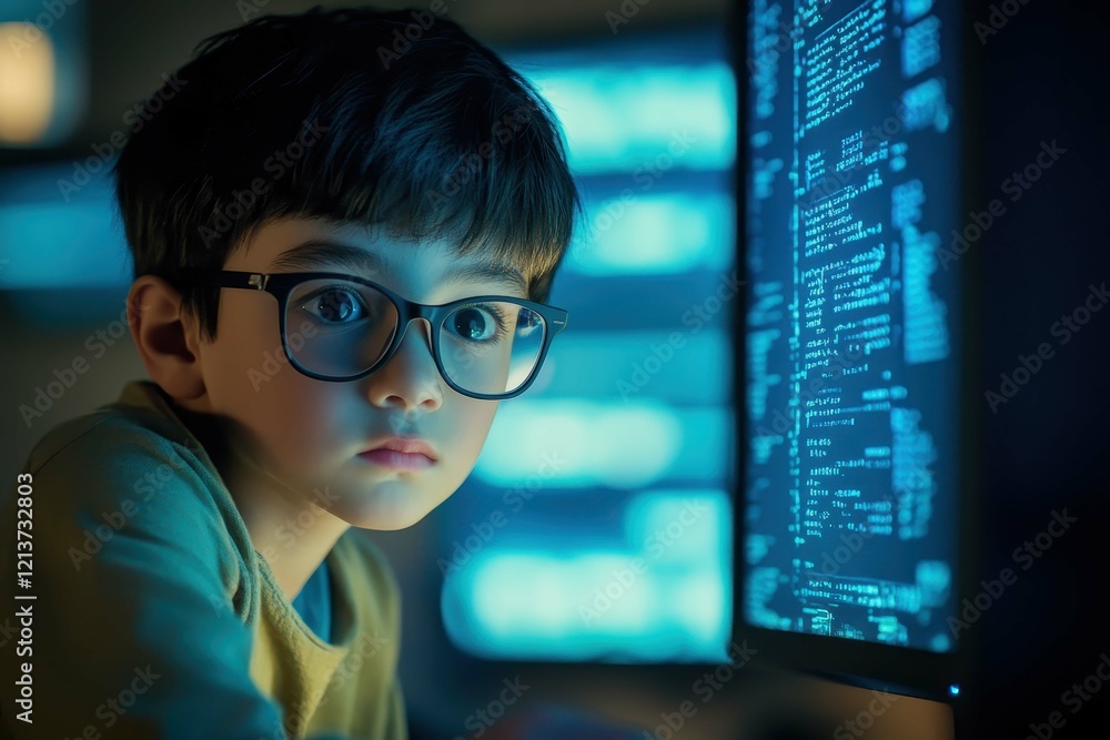 Poster young child focused on coding at a computer screen in a modern workspace during evening hours
