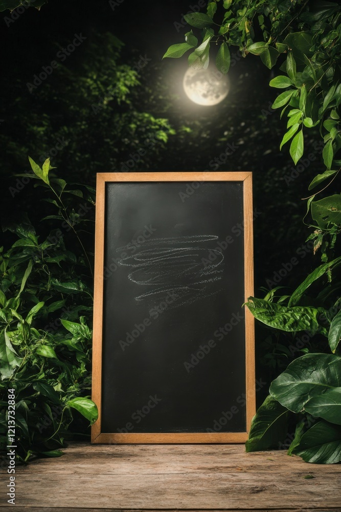 Poster mystical blackboard in a lush corner capturing gentle moonlight and soft chalk traces in an enchante