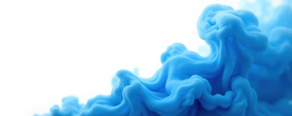 Abstract blue smoke bursts against pure white background, vapor, wispy