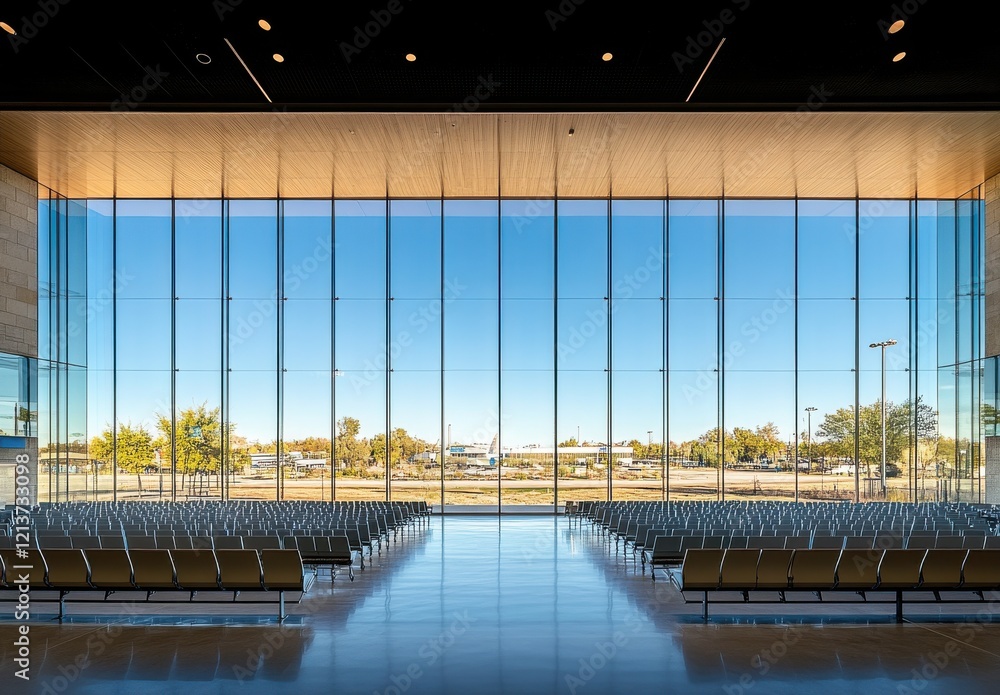 Poster expansive modern architecture with large glass windows offering scenic view of outdoor environment a