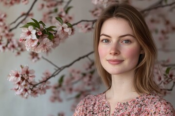 Young woman posing with cherry blossoms in springtime, showcasing natural beauty and tranquility in a serene setting