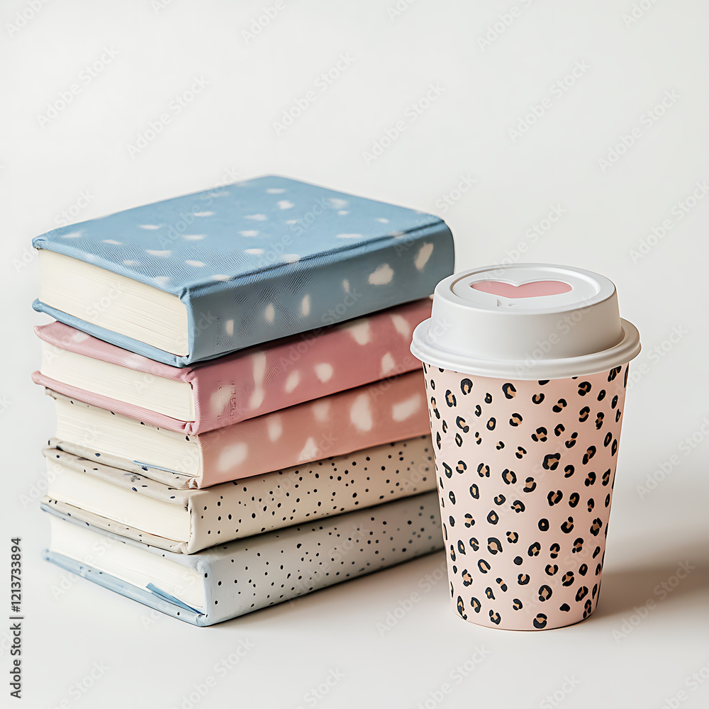 Poster stack of colorful notebooks beside stylish coffee cup, creating cozy workspace vibe. notebooks featu