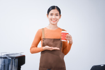 Asian female barista with a beautiful smile, skillfully making coffee in a cozy small shop, creating a warm and welcoming atmosphere for customers in the charming cafe