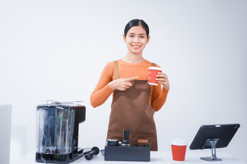 Asian female barista with a beautiful smile, skillfully making coffee in a cozy small shop, creating a warm and welcoming atmosphere for customers in the charming cafe