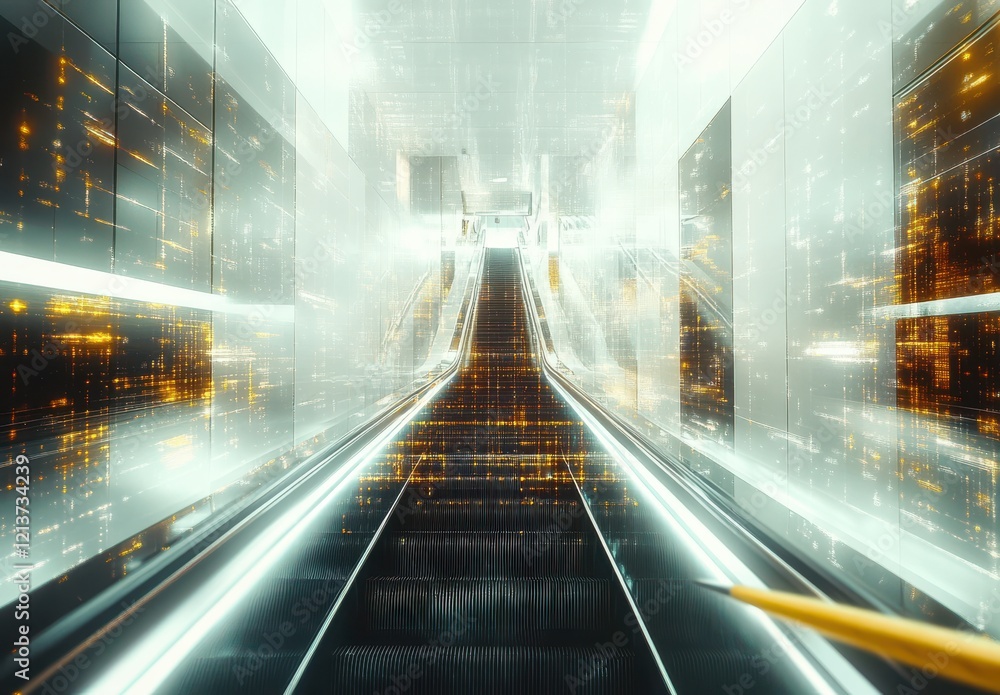 Poster Futuristic Escalator in a High-Tech Environment with Glowing Light Patterns and Abstract Data Visualizations in a Contemporary Urban Setting