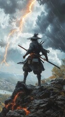 Naklejka premium Warrior Contemplates Stormy Landscape