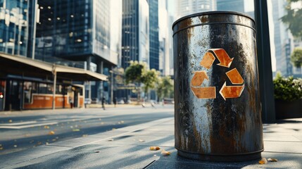A weathered recycling bin stands prominently on a bustling city street, flanked by sleek skyscrapers and greenery. The sun shines brightly, illuminating the urban environment as pedestrians pass by.