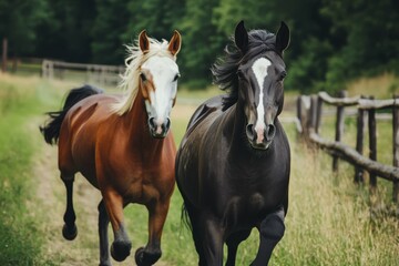 Fototapeta premium Horses running freely on a rustic path beside a wooden fence in a lush green landscape during daylight