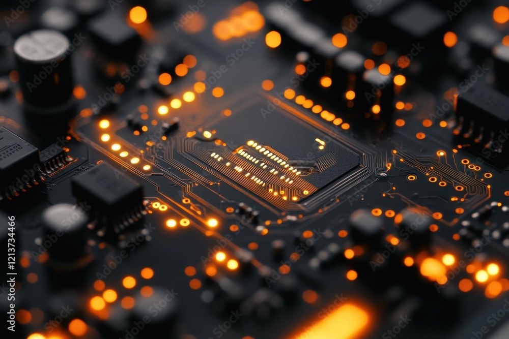 Poster close-up view of a circuit board highlighting intricate details and glowing lights in a dark setting