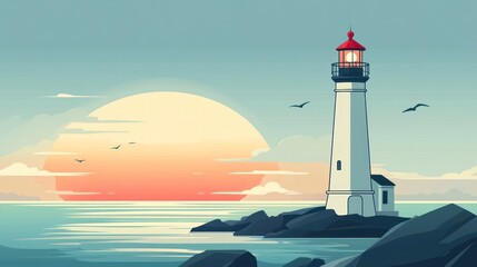 Lighthouse on rocks at sunset over calm sea.
