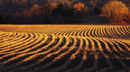Grains in fertile soil illuminated by warm light filtering through the trees