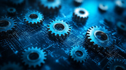 Metallic gears on a circuit board.