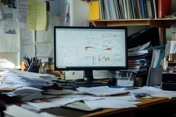 Cluttered desk with numerous papers and a monitor displaying data analysis in a busy office environment