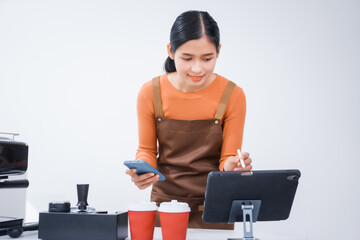 Asian female barista with a beautiful smile, skillfully making coffee in a cozy small shop, creating a warm and welcoming atmosphere for customers in the charming cafe