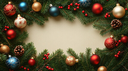 Bright and festive Christmas decorations with colorful ornaments, pine branches, and berries create joyful holiday atmosphere. Perfect for seasonal celebrations and greetings